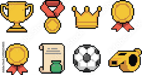 Pixel art achievement icons set, gold trophy medal crown certificate soccer ball and whistle retro game rewards collection