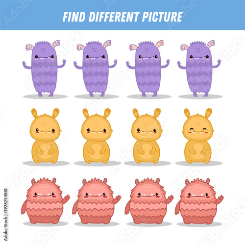 Find different monster each row. Logical game for kids. Cartoon monster. Flat illustration. Vector