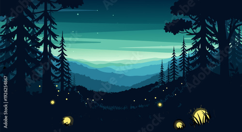 Tranquil Nighttime Landscape with Mountains, Forest, Fireflies in Vector Illustration Style