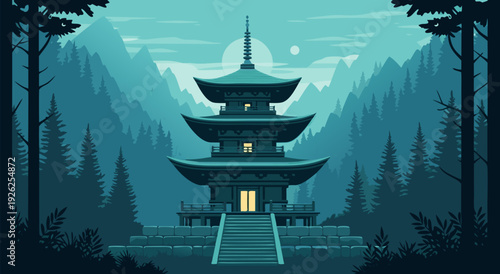 Vector Illustration of a Serene Forest Pagoda with Tiered Roof, Moonlit Mountains, and Soothing Greens