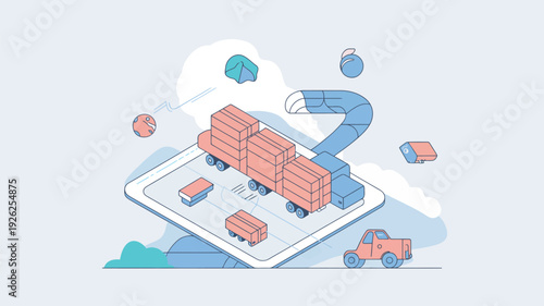 An illustration of a smartphone with trucks and boxes coming out of it, symbolizing logistics and delivery