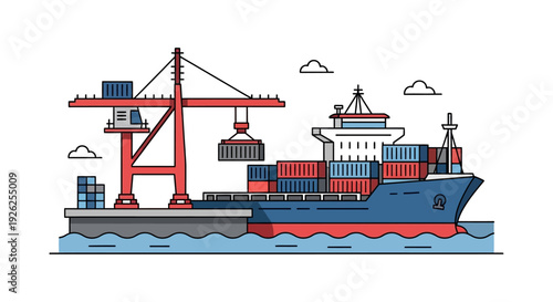 Cargo ship docked at a bustling harbor with cranes loading containers from a nearby dock