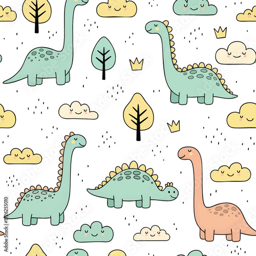 Cute Cartoon Dinosaurs Happy Clouds Playful Seamless Pattern