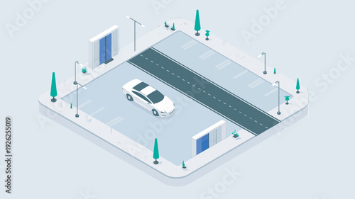 An isometric illustration of a white car parked on a gray road surrounded by green trees and streetlights