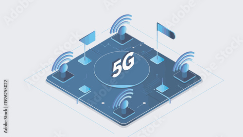 An isometric illustration of a 5G network symbol on a blue circuit board with wireless signals