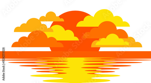 Vibrant Vector Illustration of a Serene Sunset Over Reflective Water and Clouds