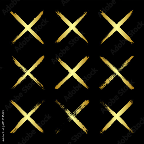 Golden grunge crosses, brush strokes, lines, ink smudges, hand-drawn scribble shapes. Handmade sketchy marks, acrylic stains, charcoal streaks. Paint textures, dry brush effect. Vector illustration