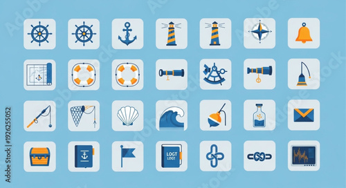 Collection of nautical themed icons representing various maritime elements and symbols.