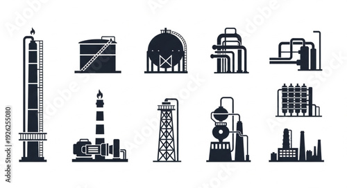 Industrial plant equipment silhouettes representing various refinery structures and components.