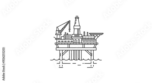 Offshore oil rig platform with crane and derrick standing in the ocean viewed from the side