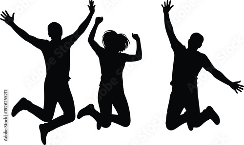 Silhouette people jumping with raised arms, dynamic energetic poses representing joy, freedom, celebration, expressive human motion illustration for creative design concepts