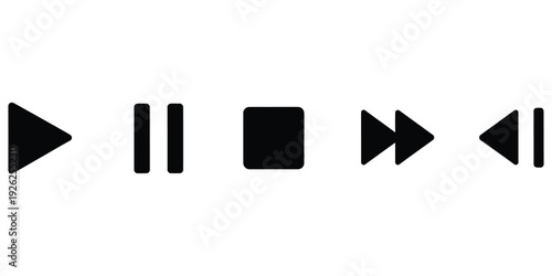 A minimalistic vector illustration presenting a complete set of universal black media playback control icons like play, pause, stop, fast forward, and rewind.