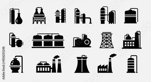Industrial plant icons representing various manufacturing and processing facilities in a row.