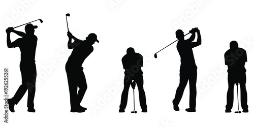 Dynamic vector graphic illustration depicting multiple male golf players showcasing various athletic swinging and putting poses in silhouette.