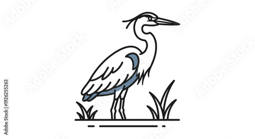 A majestic heron stands tall amidst tall grass, illustration showcasing wildlife in its natural habitat from a side view