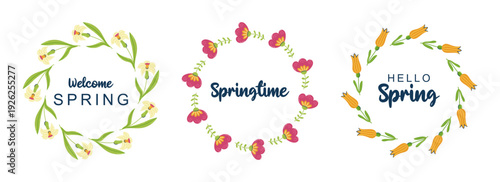 3 Round floral frames collection. Tulips and narcissus with inscription Hello Spring in center. Seasonal hand drawn card, poster, web banner. Vector illustration on white background.