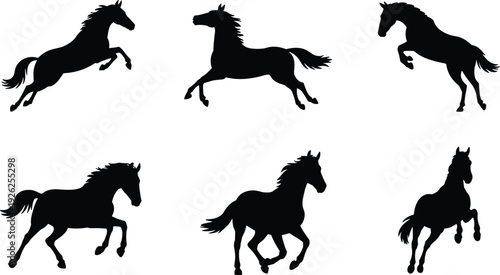 Galloping horse silhouette set, black stallion running and jumping vector illustration, wild equine collection isolated on white background