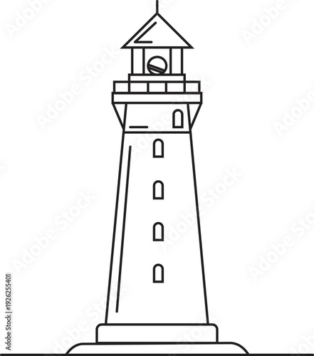 Black outline lighthouse vector icon. Tall coastal navigation tower with windows and light at the top, isolated on white background.