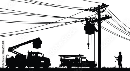 Silhouette utility worker climbing power pole with safety gear, repairing electrical lines against urban city skyline, essential infrastructure maintenance in modern metropolitan environment