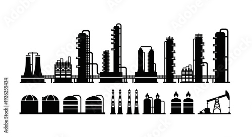 Silhouette of an industrial complex with various processing and storage facilities.