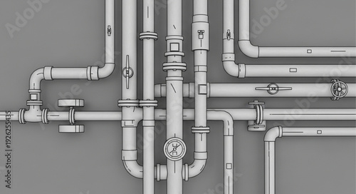 Complex network of white pipes and fittings against a gray wall background.
