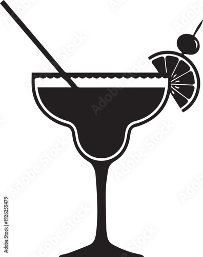Vector silhouette illustration of a margarita cocktail glass with lime and olive