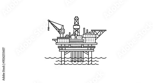 Offshore oil rig platform with crane operating in the ocean waters