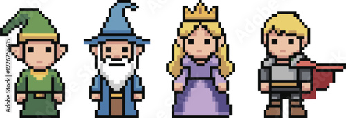 Pixel art fantasy character set with elf wizard princess and knight heroes for retro RPG game design