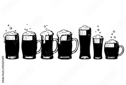 Hand Drawn Beer Mugs Sketch Style Vector Set Isolated on White Background