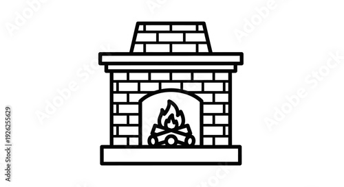 Simple line illustration of a brick fireplace with burning flames from a front viewpoint