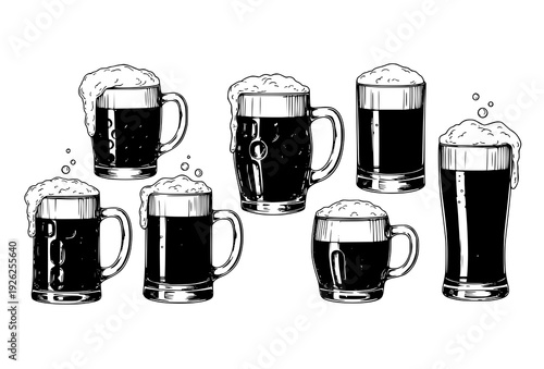 Hand Drawn Beer Mugs Sketch Style Vector Set Isolated on White Background