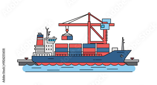 Cargo ship loaded with containers being unloaded by crane on open sea