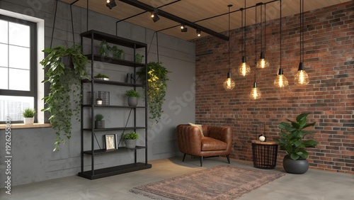 Modern industrial interior design, exposed brick accent wall with black metal floating shelf, trailing pothos and succulents in matte black planters, vintage Edison bulb pendant lights casting warm go