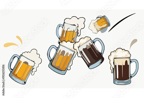 Hand Drawn Clinking Beer Mugs Celebration Vector Illustration Isolated on White