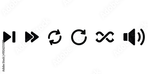 A minimalist vector graphic illustration featuring common black media player control icons for navigation, refresh, shuffle, and volume user interface design.