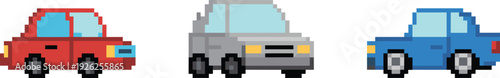 Pixel art car icon set with red gray and blue vehicles side and front views for game design