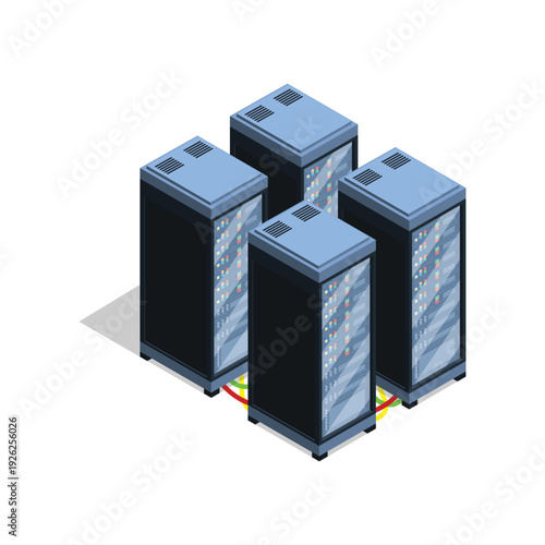 Four Tall Blue and Black Computer Server Racks.