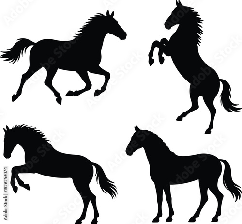 Black horse silhouettes set, running rearing standing stallion collection, isolated vector illustration for logo design, tattoo, branding equestrian sports emblem