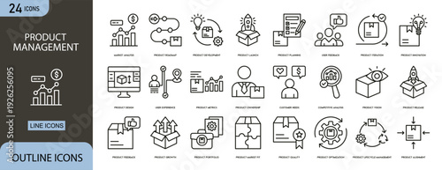 Project management icon set representing planning, task assignment, workflow, timeline, milestones, collaboration, team coordination, reporting, and project completion in clean outline vector style.