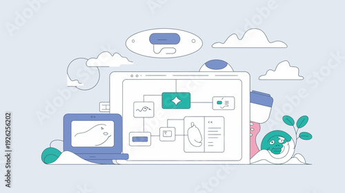 A creative workspace with a laptop and tablet surrounded by innovative design elements and nature