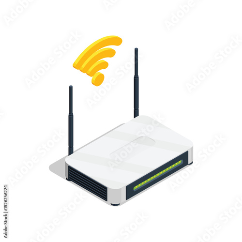 Modern White WiFi Router with Antennas and Signal Icon.