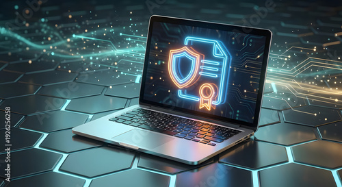 laptop on digital hexagonal surface displaying glowing neon shield and certificate icons representing cyber security data protection online privacy and legal software certification