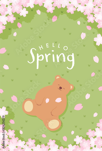 spring vector background with pink cherry blossoms and a bear sleeping on the green field