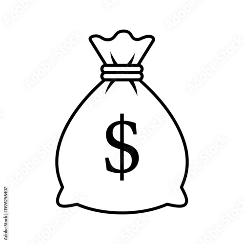 A simple outline of a classic money sack featuring a prominent dollar sign symbol representing wealth and banking in this vector image.