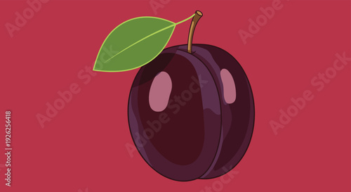 Single ripe purple plum with a green leaf on a thin brown stem set against a solid dark red background in a painterly style.