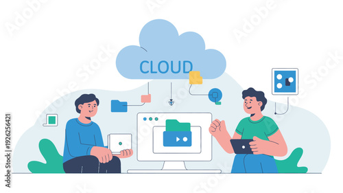 Two men using cloud computing services on their devices in a collaborative work environment