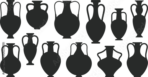 Ancient amphora silhouettes set, classic Greek Roman ceramic vases isolated on white background, antique pottery vector collection