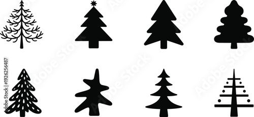 Christmas tree silhouette collection, black pine and fir icons isolated vector illustration for winter holiday decoration design