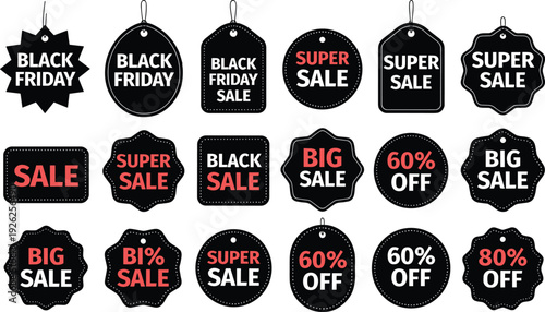 Black Friday sale tags set, discount labels, super sale promotion, big sale offer, marketing design, retail shopping illustration