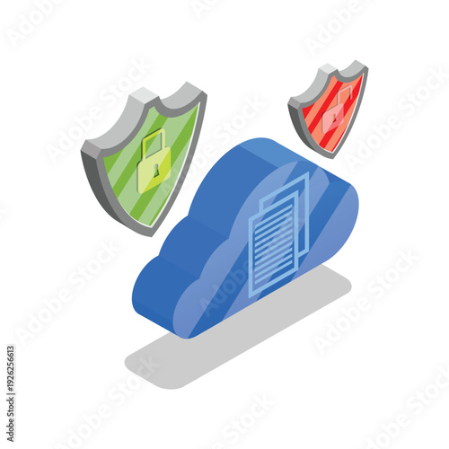 Secure Cloud Icon with Protective Green and Red Shields.